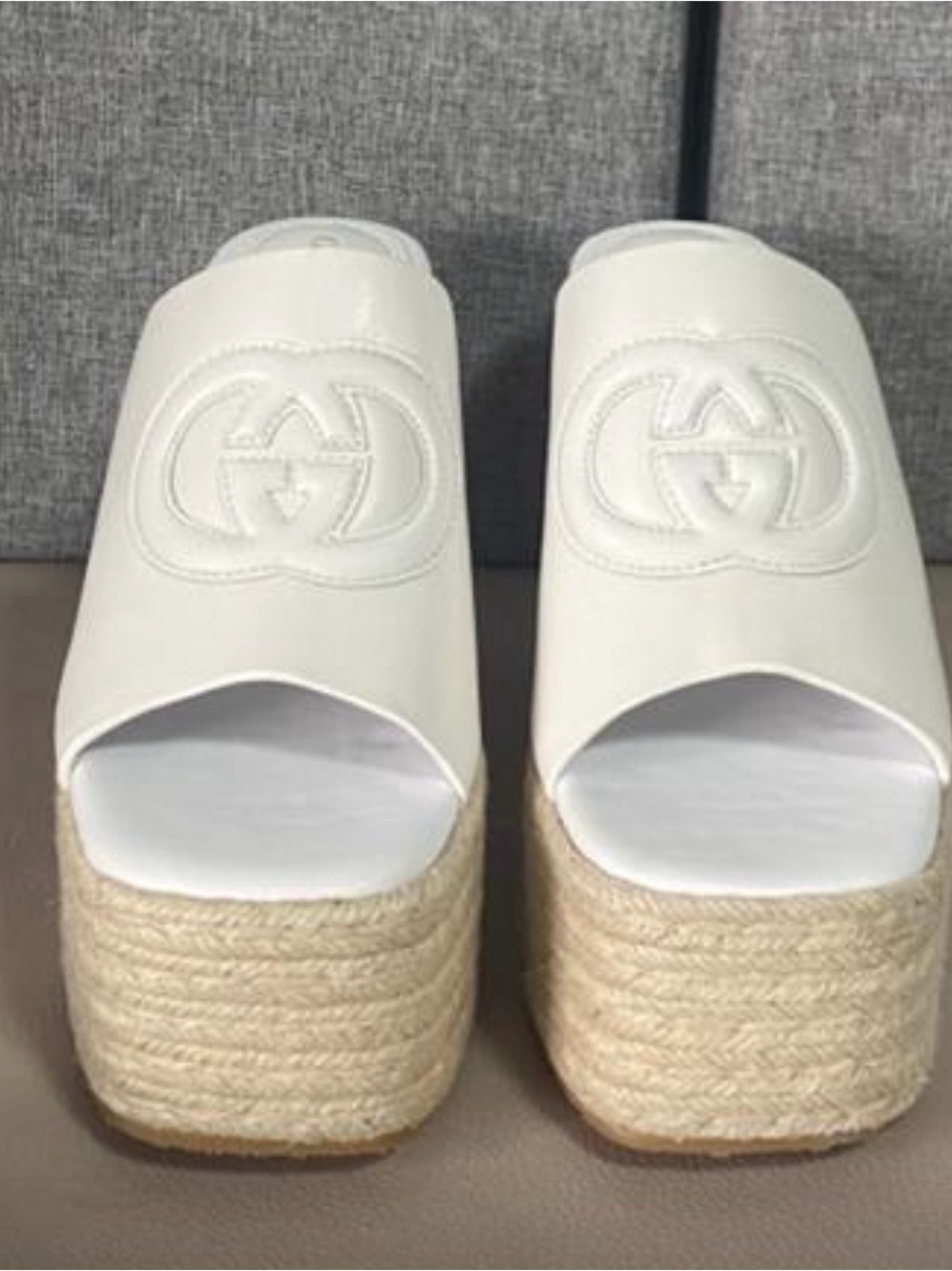 Gucci White Leather Platform Espadrille Slide with Interlocking G